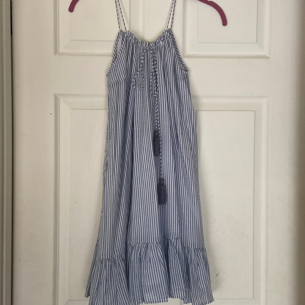 Sezane blue and white striped dress with adjustable spaghetti straps.